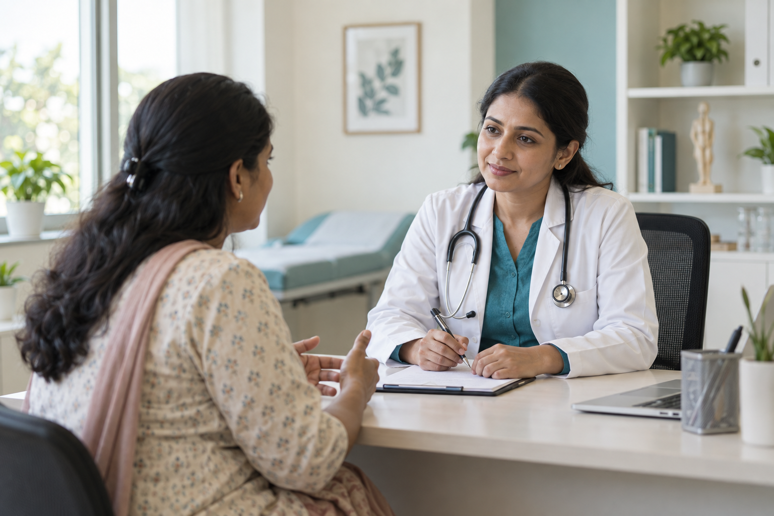Clinician listening to a patient during a general consultation