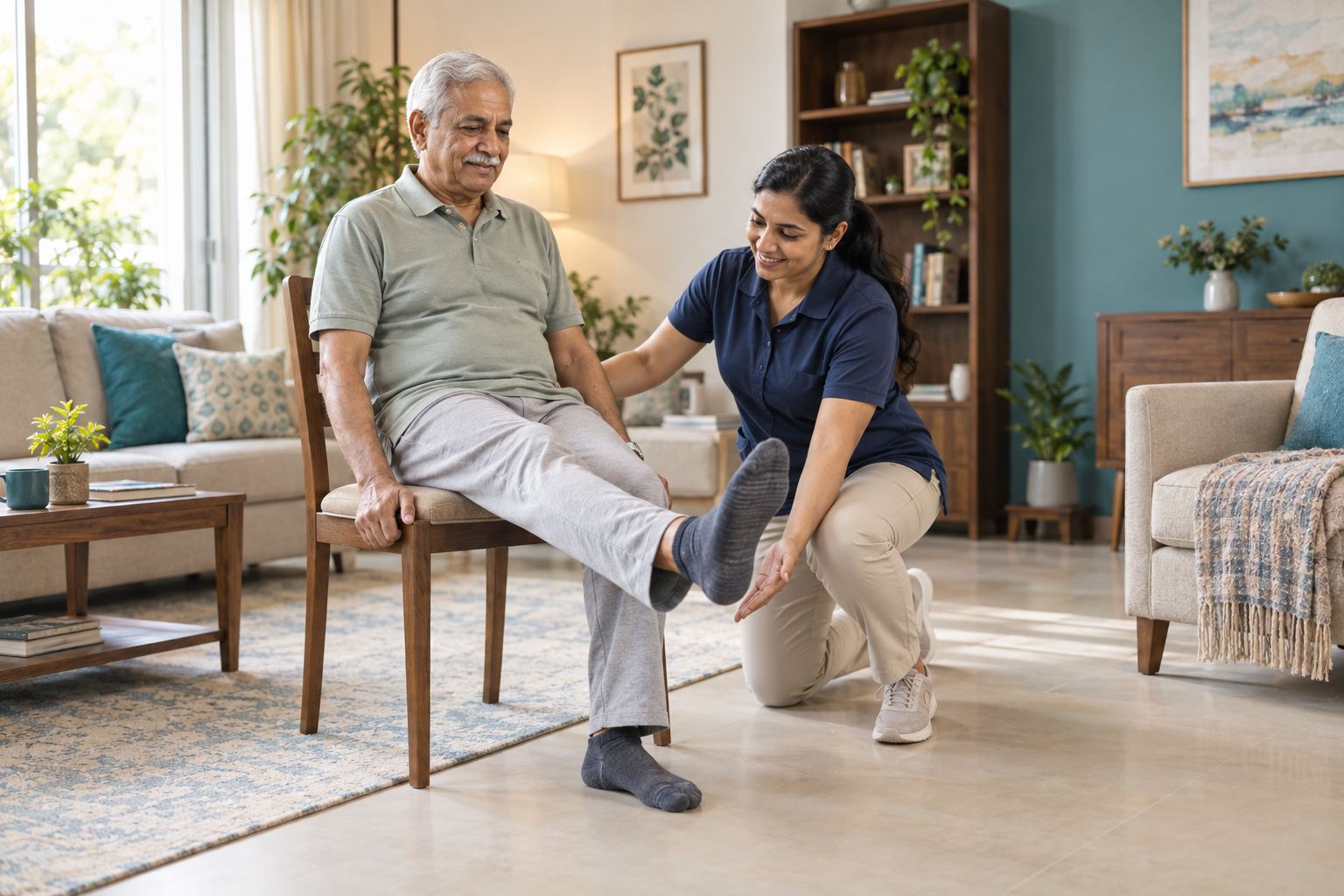 Physiotherapist guiding a seated exercise at home