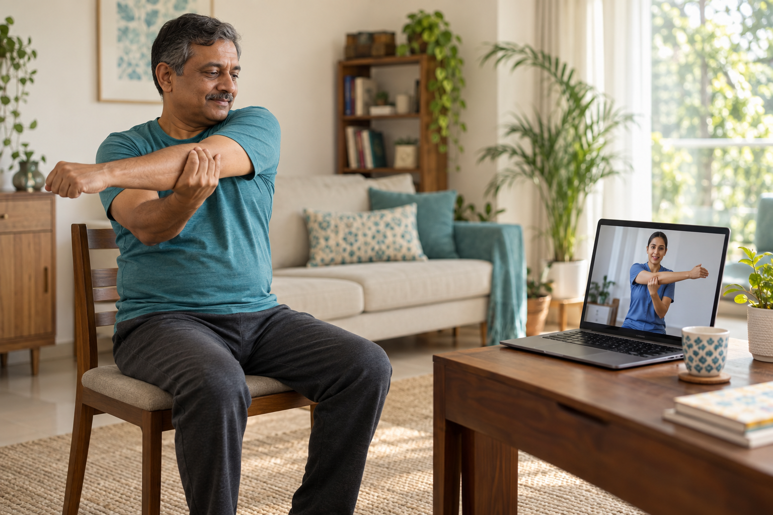 Patient following a physiotherapist through a laptop video call